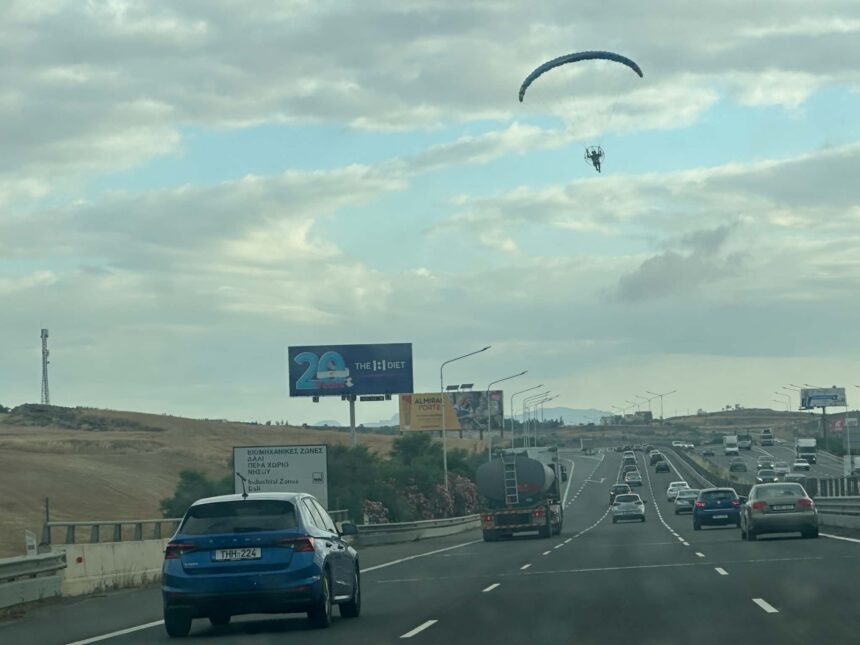 Paraglider Drifts Over Busy Limassol-Nicosia Motorway